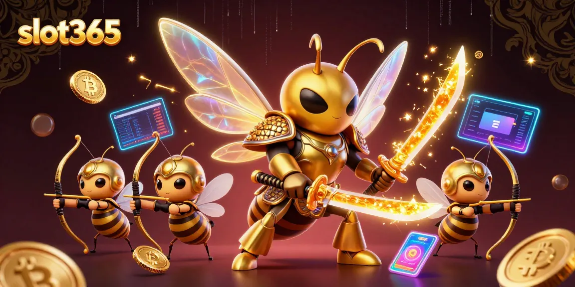 Experience thrilling gameplay at slot365 featuring a golden hornet samurai and vibrant crypto elements.