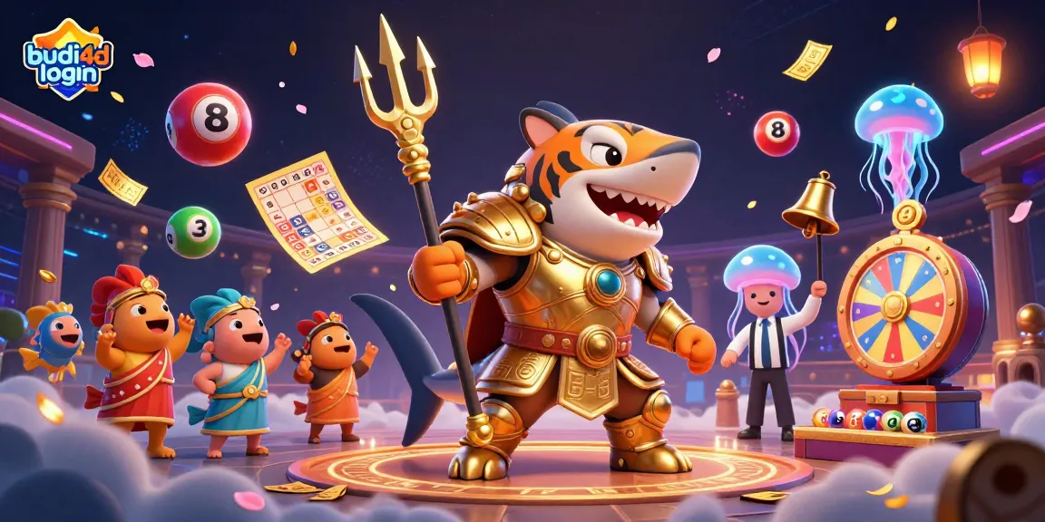 Budi4d login showcases a vibrant gaming scene with a tiger shark in gladiator armor amidst lottery elements.