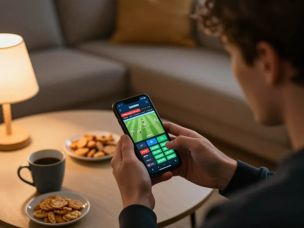 Engaging in live betting on https://rr88.auction/ with smartphone during a thrilling football match.