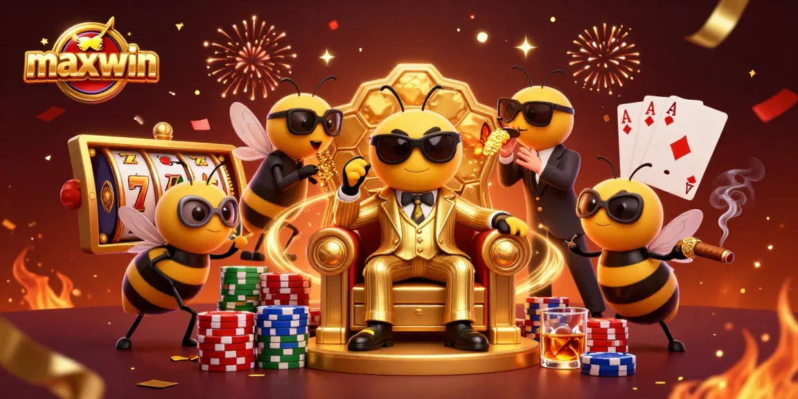 Experience maxwin at a vibrant casino scene with a bumblebee mob boss and dazzling slot reels.
