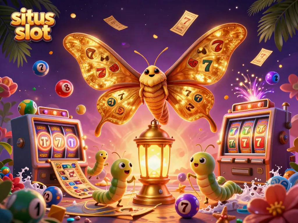 Experience situs slot excitement with colorful scenes of spinning slots and joyful lottery elements.