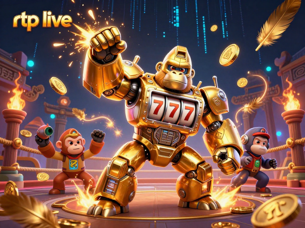 Experience thrilling gameplay in rtp live as a golden gorilla mech strikes with coins in this dynamic illustration.