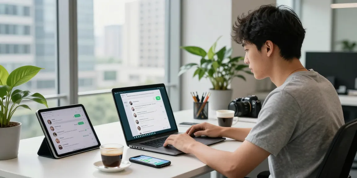 Professional using WhatsApp電腦版 on desktop in a vibrant office.