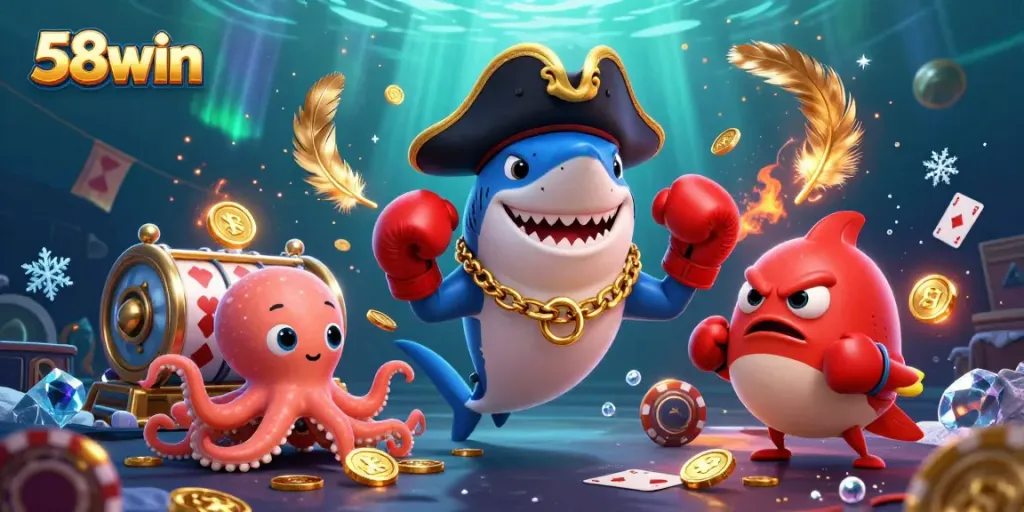 Catch the thrill of gaming at 58win with a shark captain, pufferfish boxer, and octopus treasure seeker!