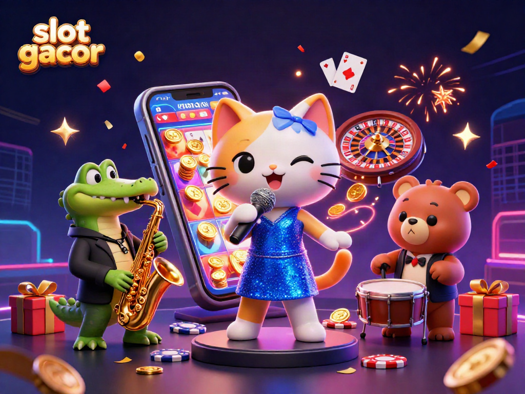 Experience slot gacor excitement with animated characters and dynamic casino elements in a vibrant setting.