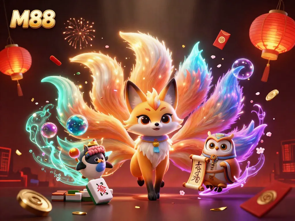 Experience the vibrant M88 casino energy with a captivating nine-tailed fox spirit and animated game elements.