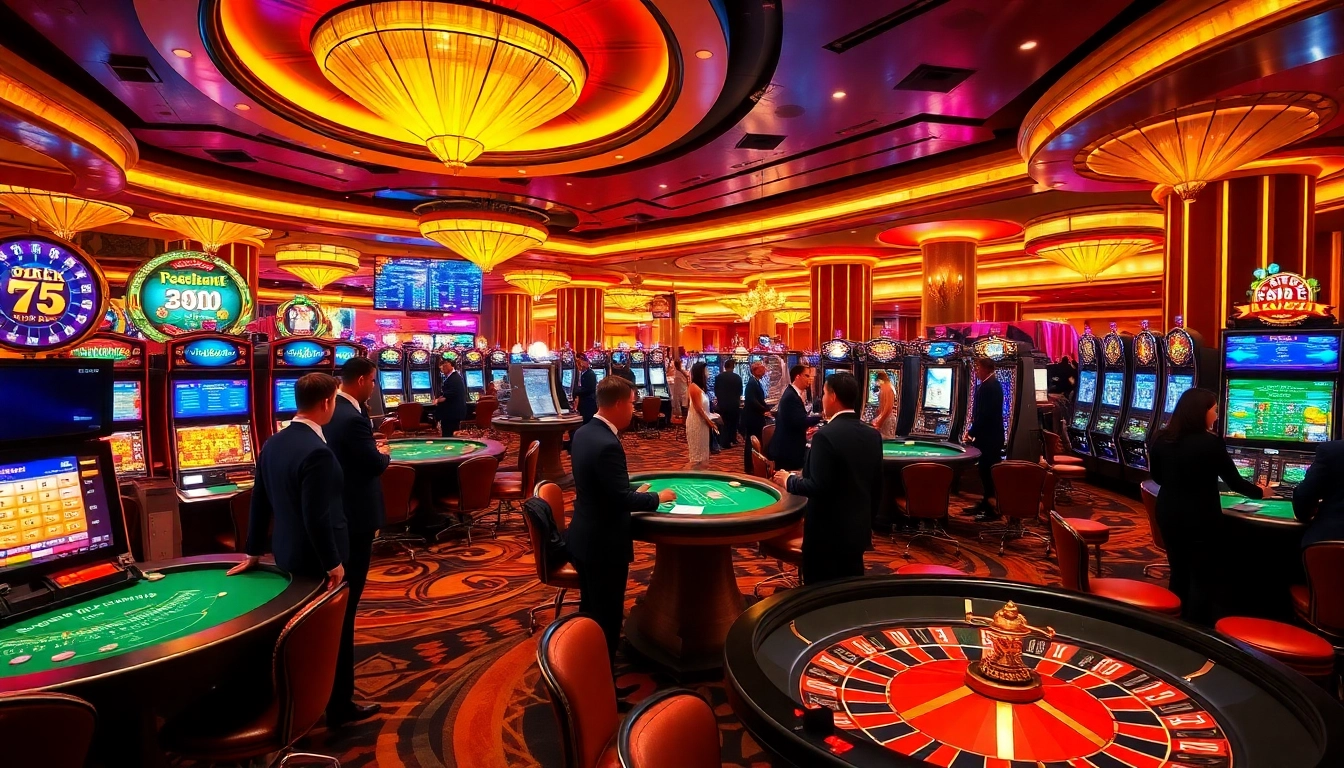 Experience the vibrant gaming atmosphere at https://jun88.buzz/ with luxurious casino tables, glowing slots, and excited players.