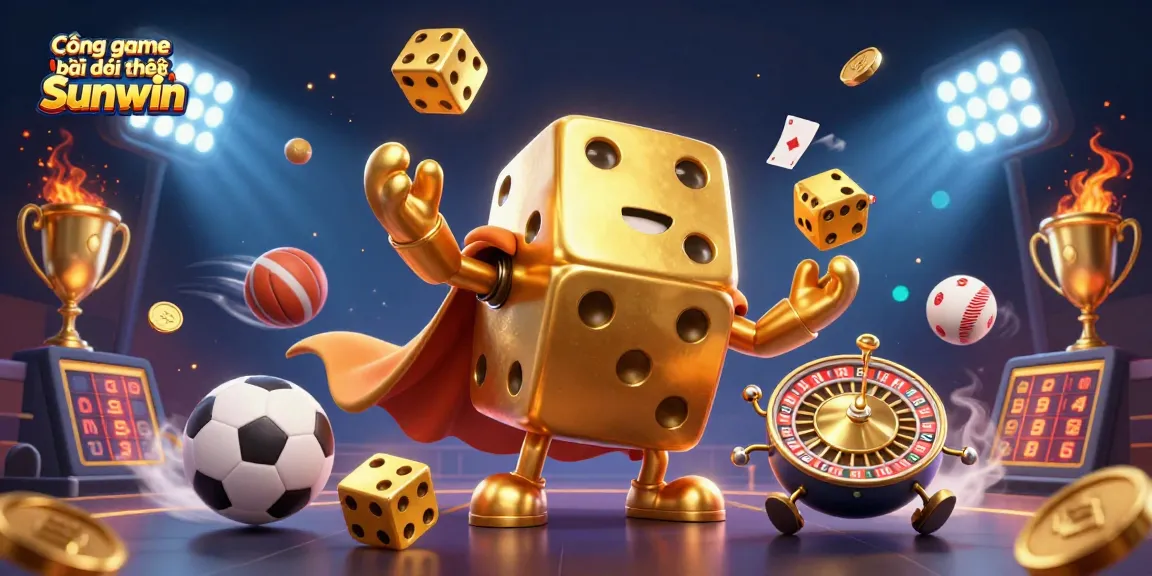 Cổng game bài đổi thưởng Sunwin showcases an interactive 3D cartoon scene with golden dice, sports elements, and vibrant casino decorations.