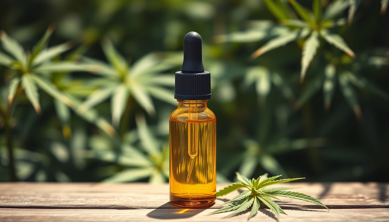 Showcasing a CBD oil dropper bottle in a natural setting with hemp plants highlighting quality.