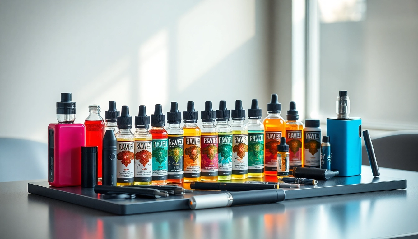 Showcase of vape & e-liquids with colorful bottles and devices in a professional setup.
