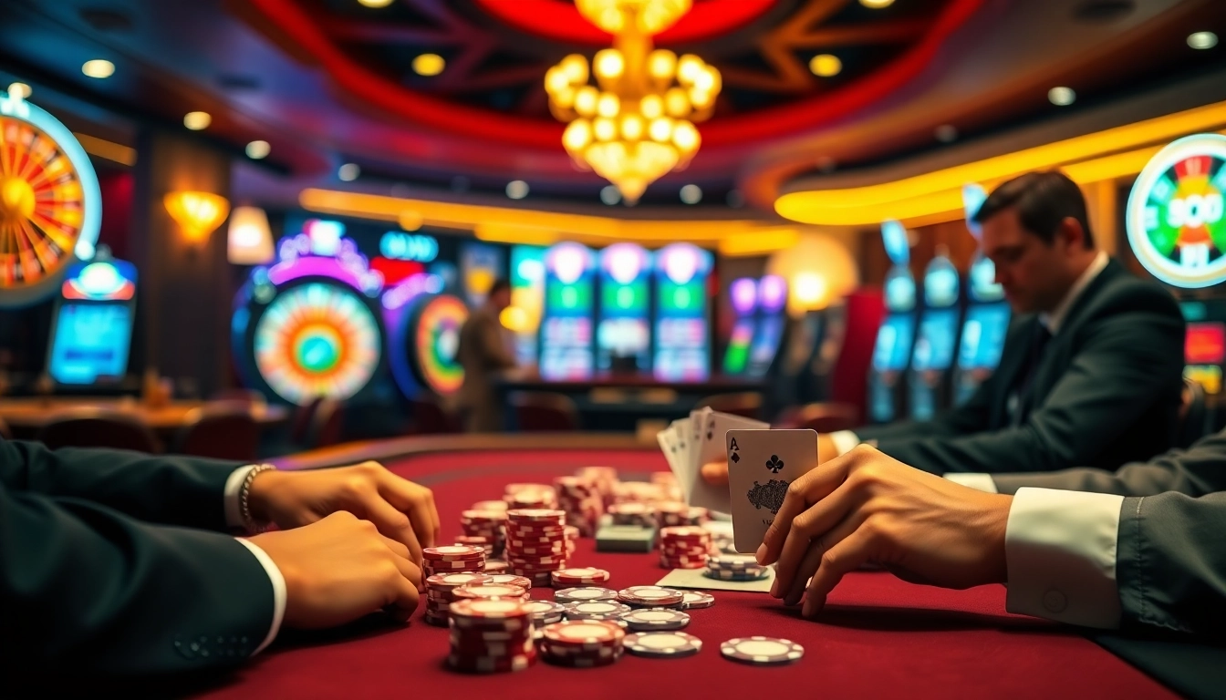 A thrilling poker game scene featuring players at hay88.page engaging with chips and cards in a luxury casino setting.