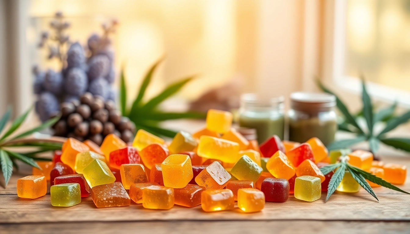 Attractive array of wholesale CBD edibles in vibrant colors on a wooden surface, emphasizing freshness and quality.
