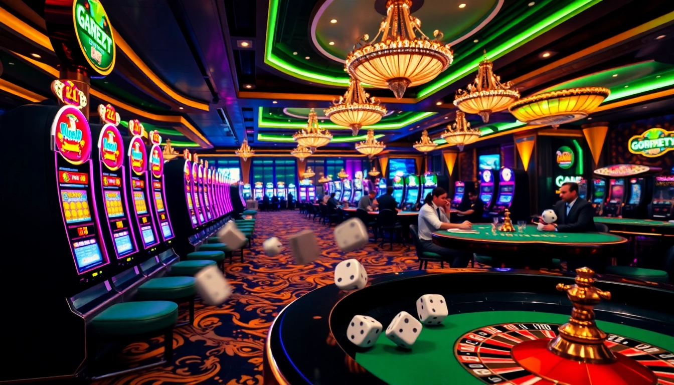 Exciting casino scene showcasing Gopay88 Daftar with players at tables and vibrant slot machines.