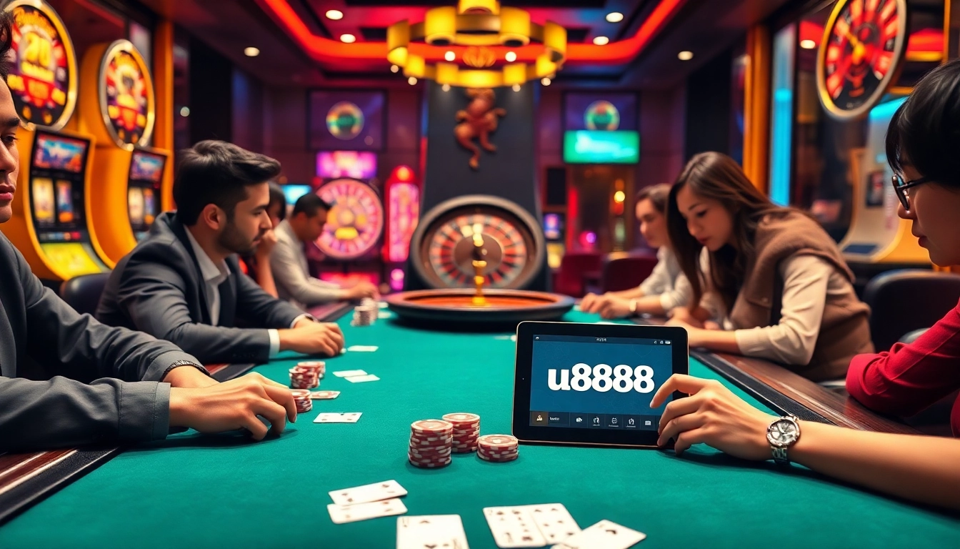 Players strategizing at u888's high-stakes poker table amid vibrant casino lights.