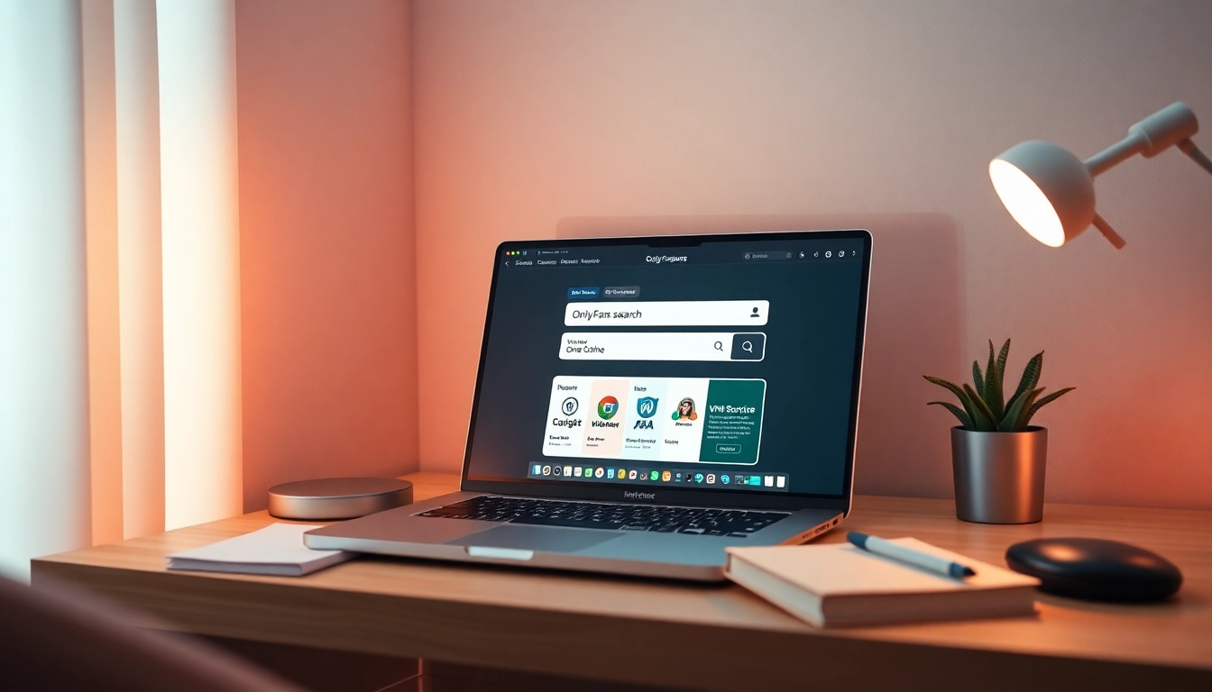 Discover how to search OnlyFans secretly with a modern digital workspace showcasing a laptop and privacy features.