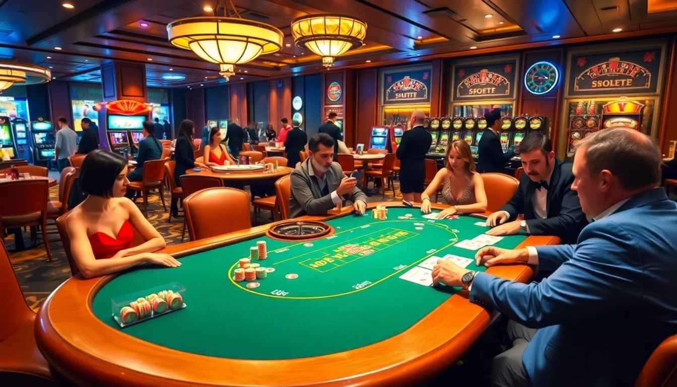 SBOBET betting scene with poker players at a luxurious table amid excitement and casino elements.
