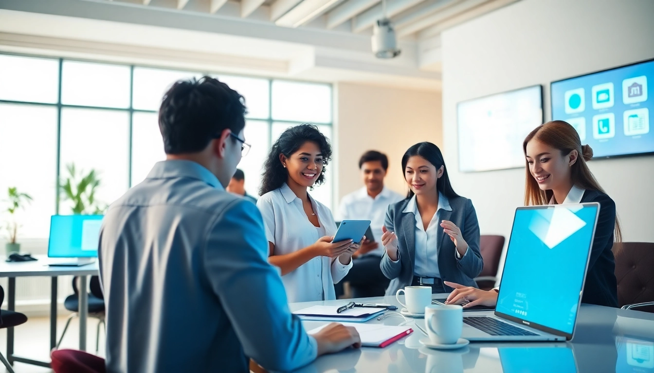 在现代办公室中使用WPS官网进行文档编辑与团队协作的场景。