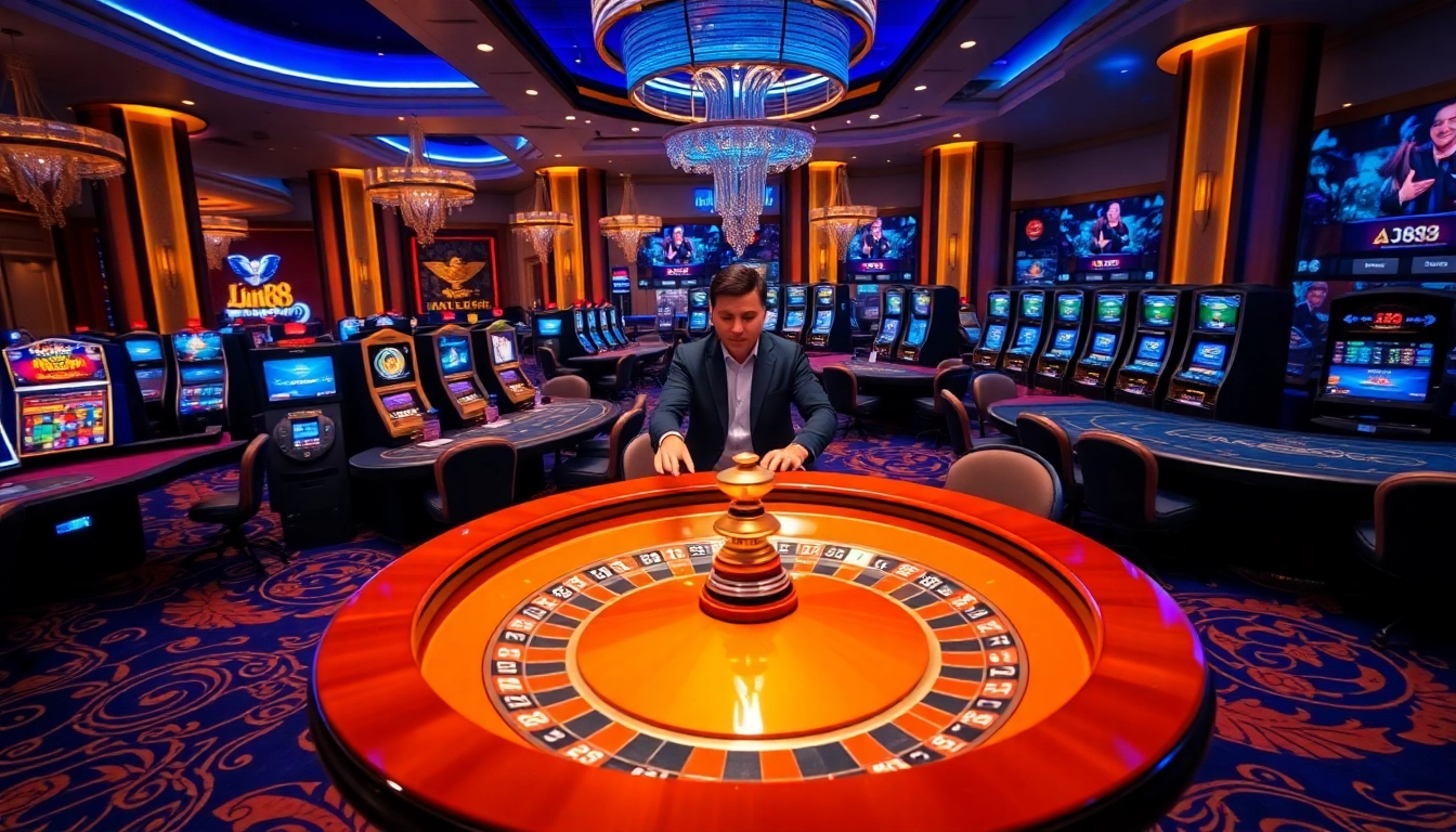 Engaging casino experience showcasing the Link AU88, with tables, slot machines, and a live dealer environment.