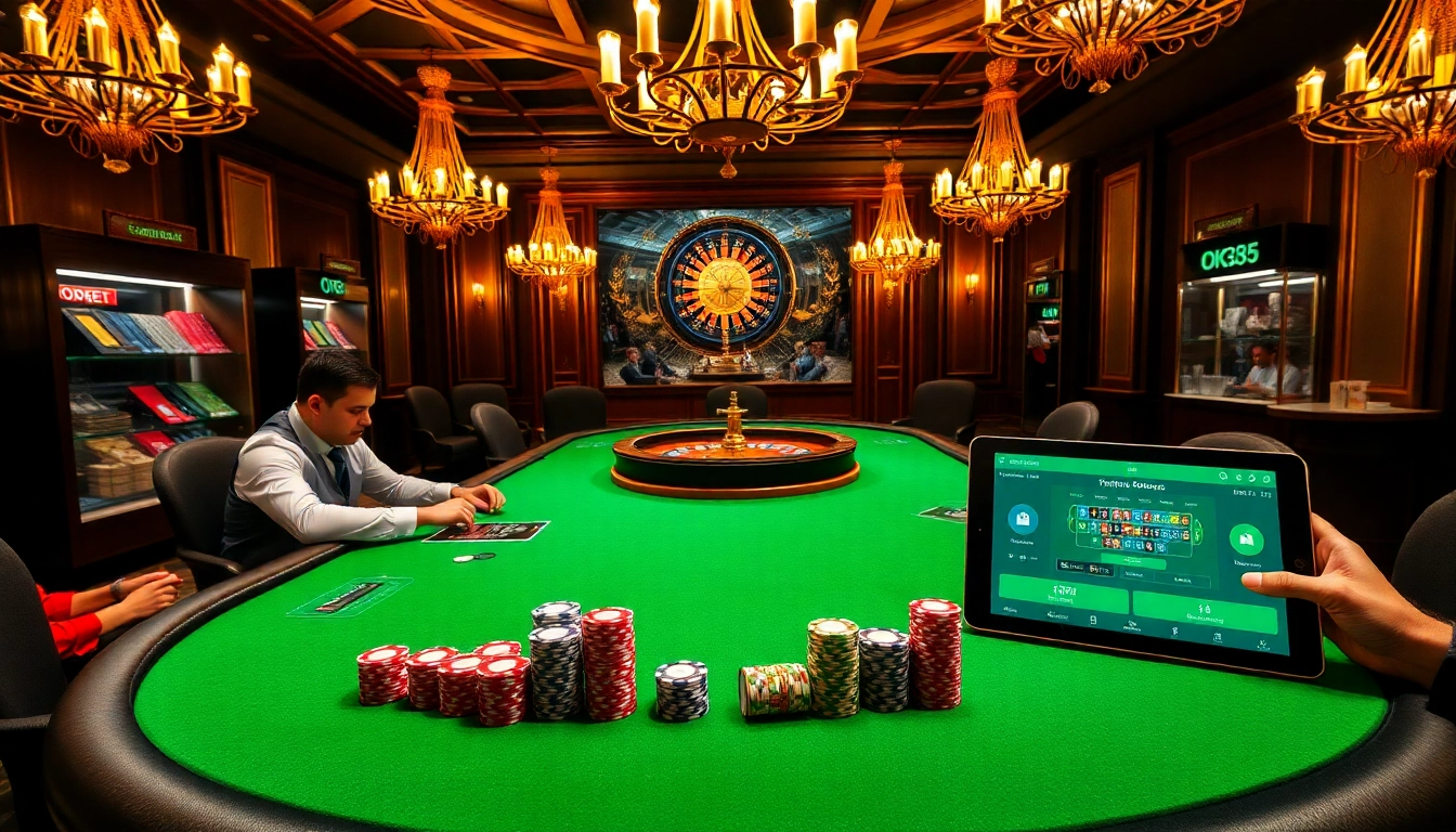 Experienced players enjoying a thrilling poker game at OK365 casino, showcasing vibrant poker chips and excitement.