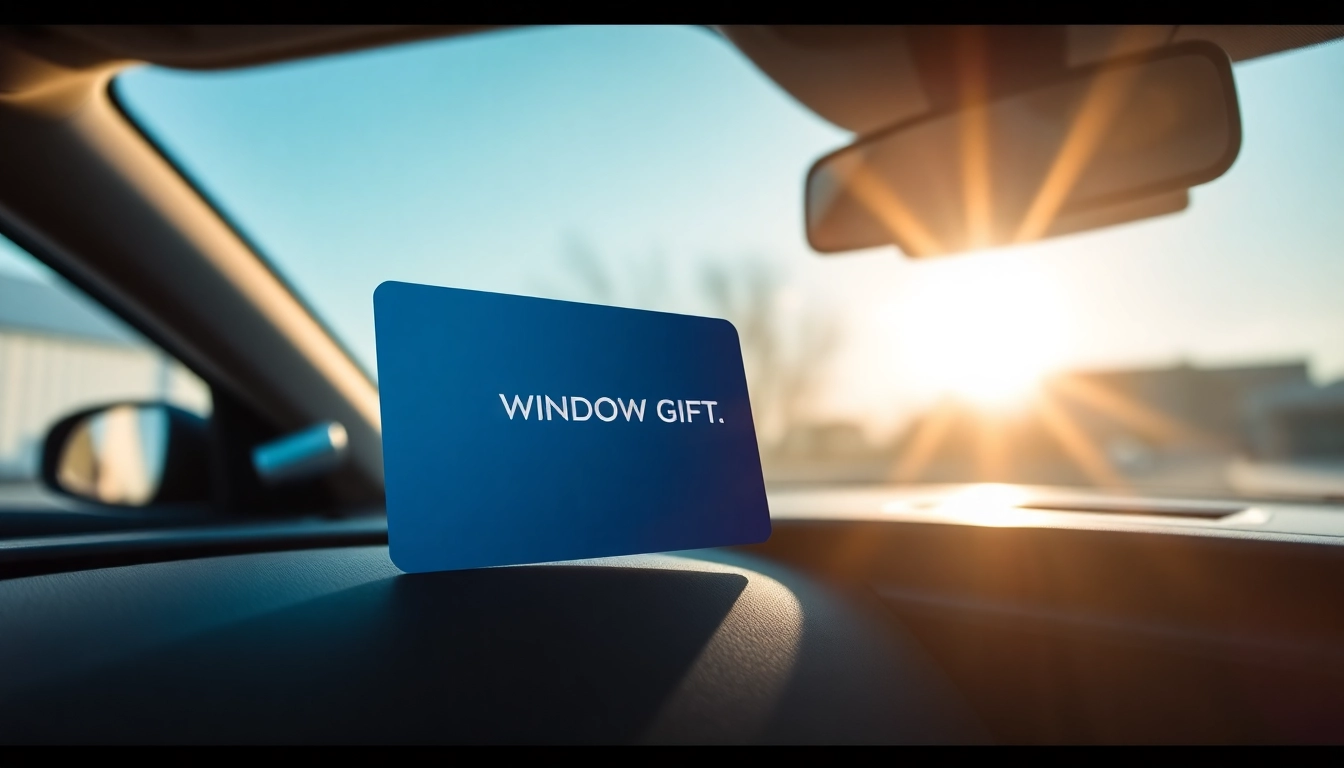 View of a chic window tint gift card placed on a modern car dashboard, showcasing its design.