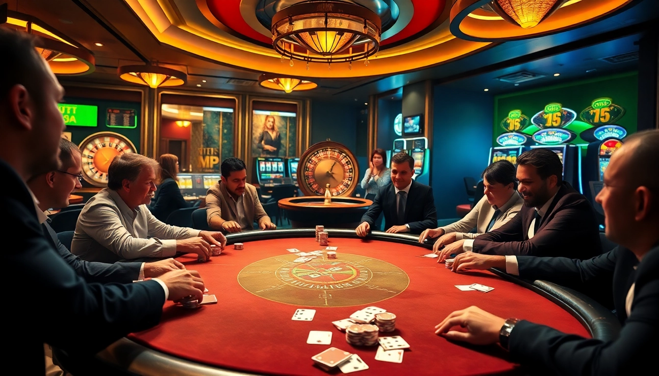 Experience the thrill of Jogoluck Bet with players at a vibrant poker table in a luxurious casino setting.