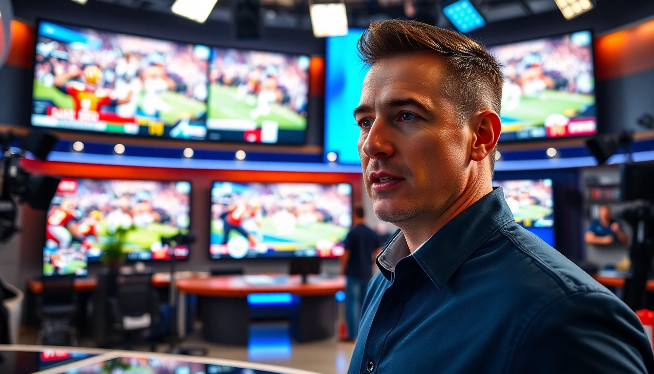 Engaging sports broadcaster delivering insights on Sports Broadcasting in a vibrant studio.