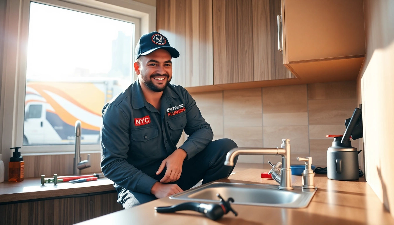 NYC emergency plumber & sewer fixing a leak in a bright kitchen, showcasing professionalism and urgency.