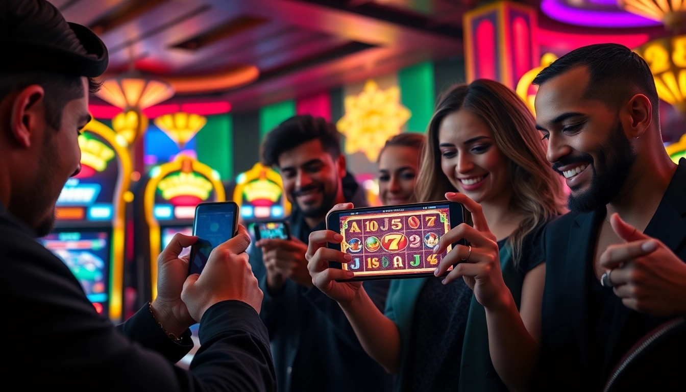 Players enjoying pg slot demo on mobile devices in a vibrant casino atmosphere.