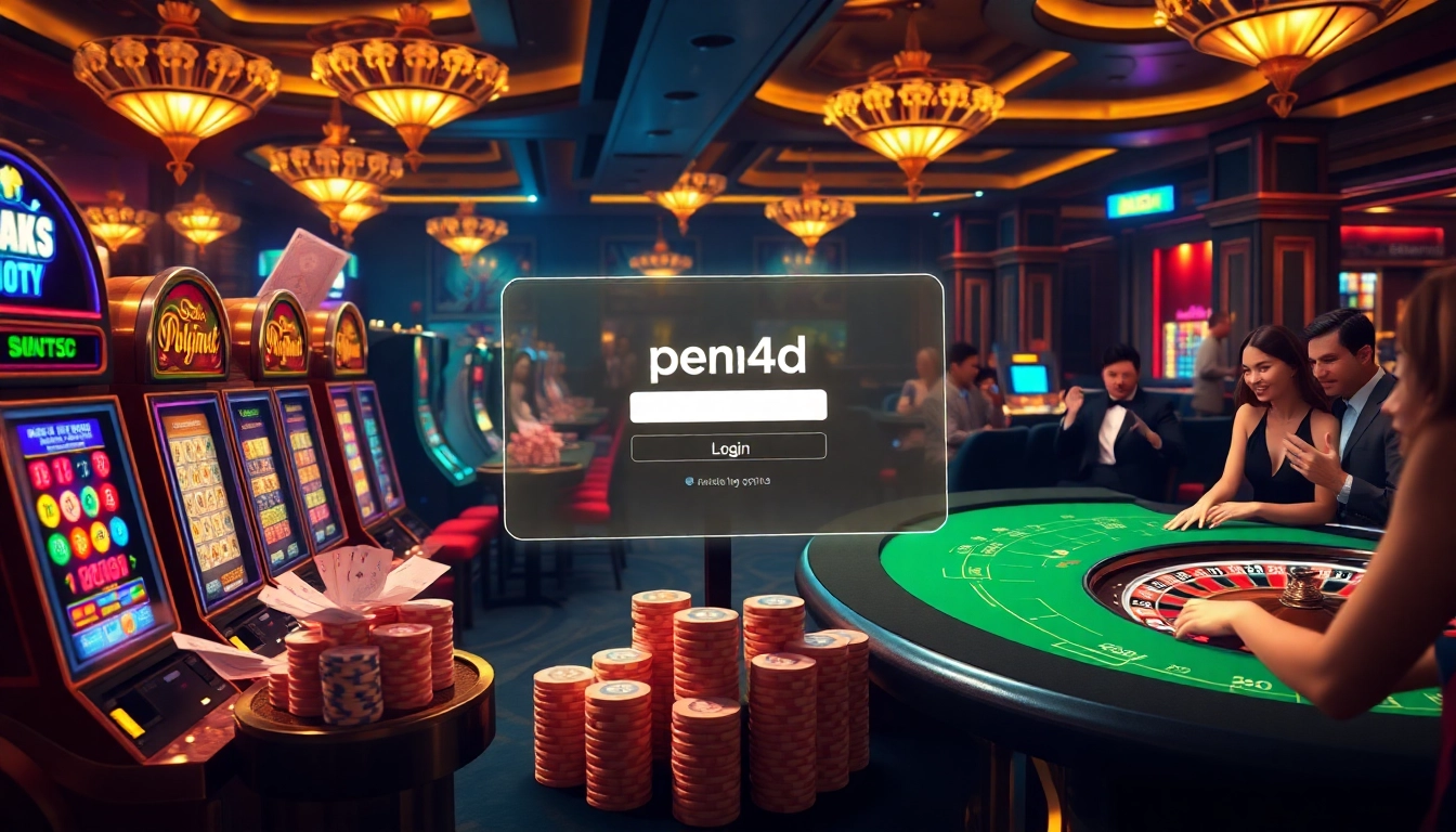 PEN4D login interface showcased amidst a vibrant casino scene with thrilling slot machines and poker tables.