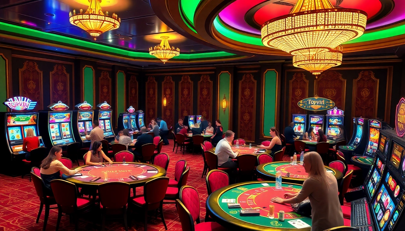 Topvin casino scene featuring players at high-stakes poker tables and vibrant slot machines.