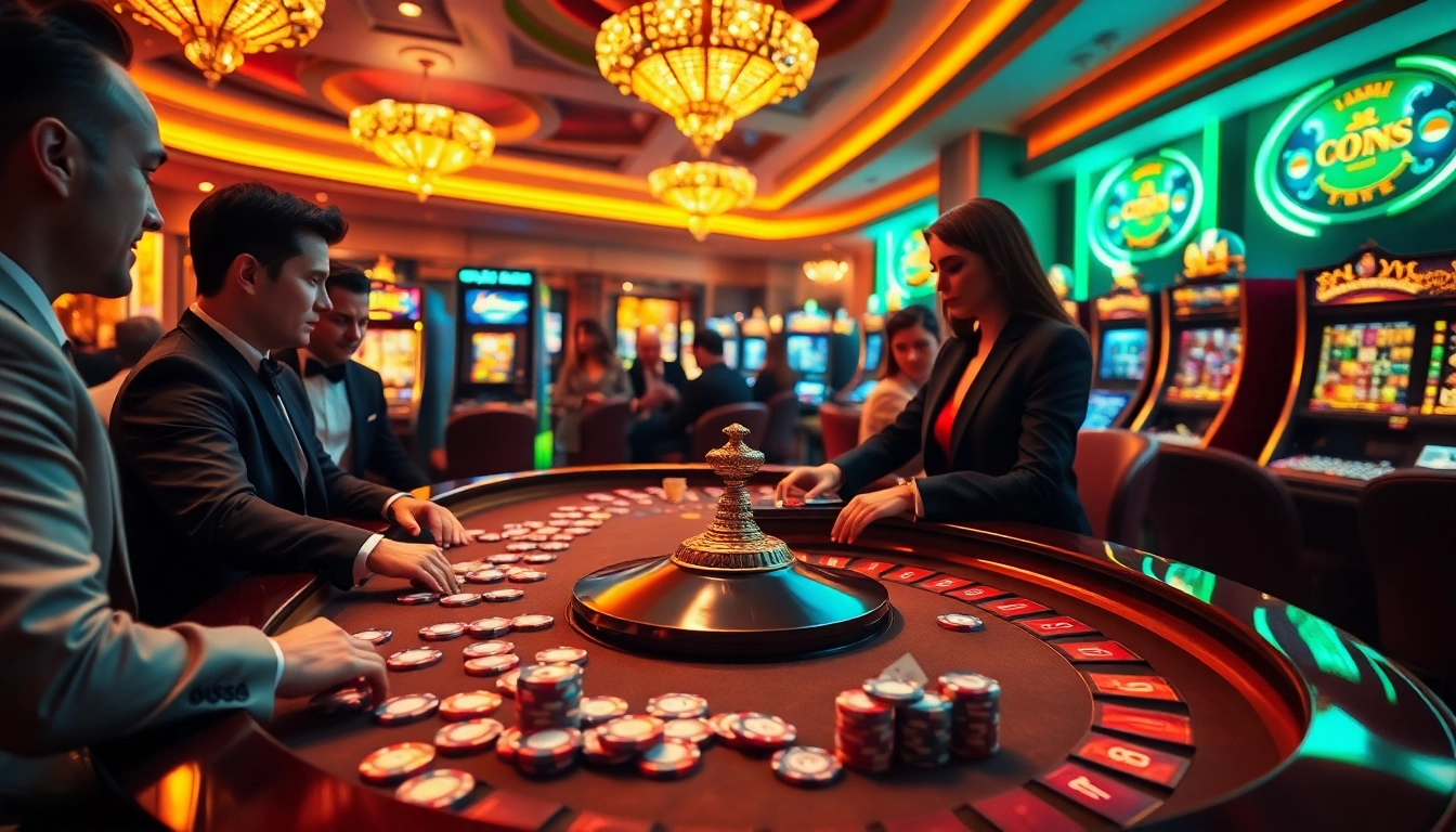 8day casino scene showcasing players at roulette, vibrant chips, and thrilling slot machines.